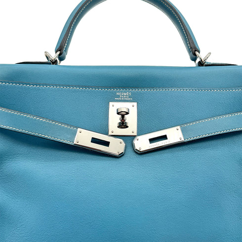 HERMES KELLY 32 RETOURNE BLUE JEAN EVERCOLOR HAND SHOULDER BAG 2005 SQUARE I PALLADIUM HARDWARE 90310272 - PURPOSE
