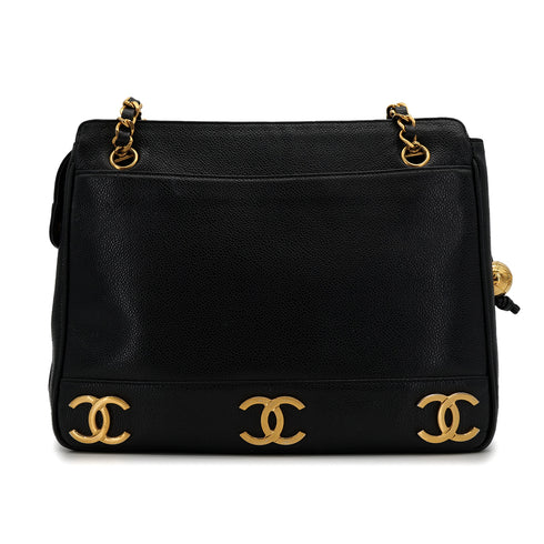 CHANEL VINTAGE TRIPLE COCO CHAIN TOTE BAG BLACK CAVIAR SKIN 90310274 - PURPOSE