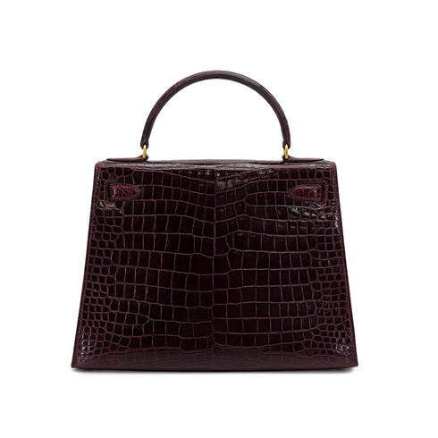HERMES KELLY 28 SELLIER BORDEAUX CROCODILE HAND BAG 2004 CIRCLE H GOLD HARDWARE 90310278 - PURPOSE