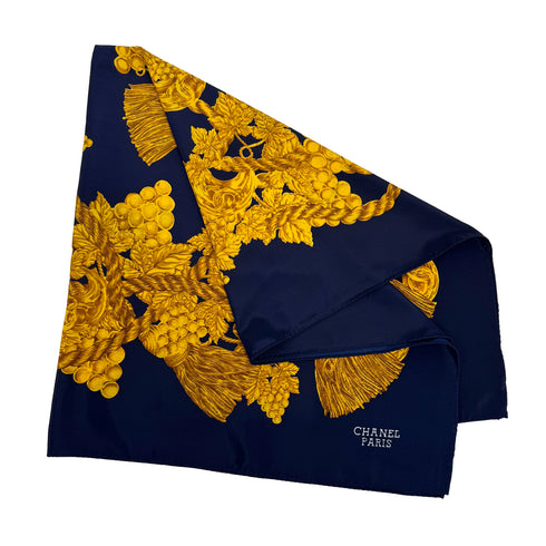 CHANEL VINTAGE SCARF COCOMARK GRAPES PATTERN NAVY SILK 90310281 - PURPOSE