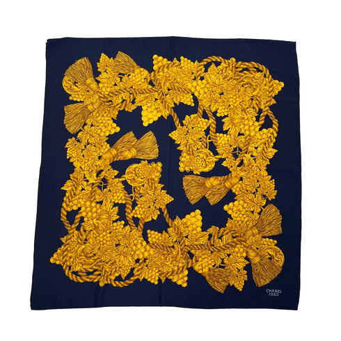CHANEL VINTAGE SCARF COCOMARK GRAPES PATTERN NAVY SILK 90310281 - PURPOSE