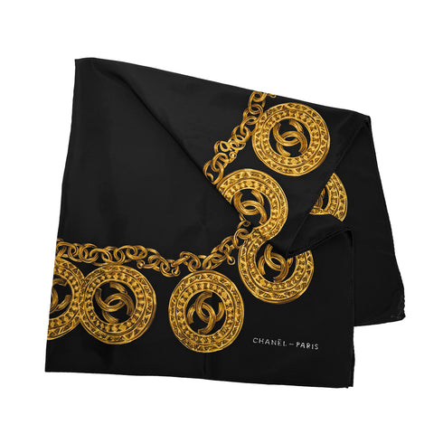 CHANEL VINTAGE SCARF COCOMARK CHAIN PATTERN BLACK SILK 90310282 - PURPOSE