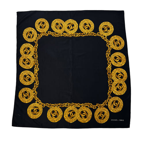 CHANEL VINTAGE SCARF COCOMARK CHAIN PATTERN BLACK SILK 90310282 - PURPOSE
