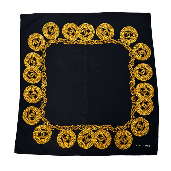 CHANEL VINTAGE SCARF COCOMARK CHAIN PATTERN BLACK SILK 90310282 - PURPOSE