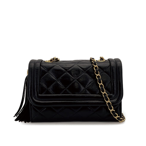 VINTAGE CHANEL MATELASSE FRINGE CHAIN SHOULDER BAG BLACK LAMB SKIN GOLD HARDWARE 90310297
