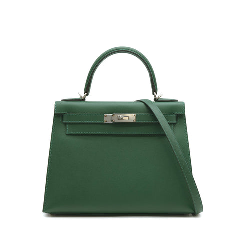 HERMES KELLY 28 SELLIER VERT MOYEN VEAU MADAME HAND SHOULDER BAG W PALLADIUM HARDWARE 90310301