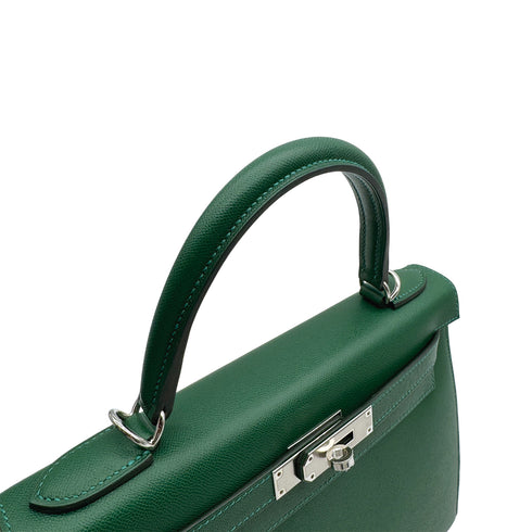 HERMES KELLY 28 SELLIER VERT MOYEN VEAU MADAME HAND SHOULDER BAG W PALLADIUM HARDWARE 90310301