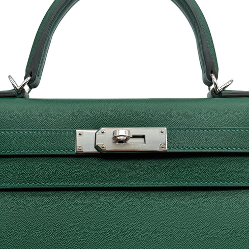 HERMES KELLY 28 SELLIER VERT MOYEN VEAU MADAME HAND SHOULDER BAG W PALLADIUM HARDWARE 90310301