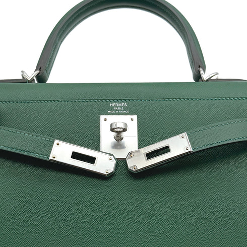 HERMES KELLY 28 SELLIER VERT MOYEN VEAU MADAME HAND SHOULDER BAG W PALLADIUM HARDWARE 90310301