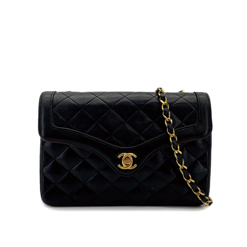 VINTAGE CHANEL PARIS LIMITED EDITION MATELASSE CHAIN SHOULDER BAG BLACK LAMB SKIN GOLD HARDWARE 90310308