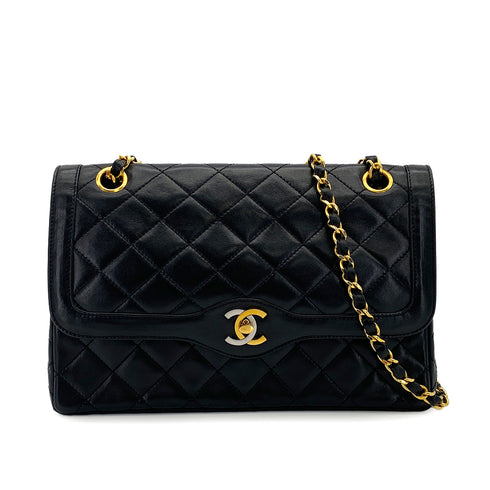 VINTAGE CHANEL PARIS LIMITED EDITION MATELASSE CHAIN SHOULDER BAG BLACK LAMB SKIN GOLD HARDWARE 90310309
