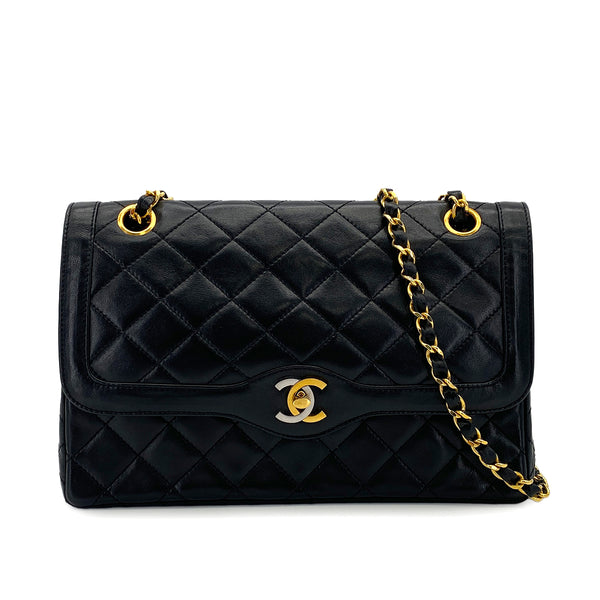 VINTAGE CHANEL PARIS LIMITED EDITION MATELASSE CHAIN SHOULDER BAG BLACK LAMB SKIN GOLD HARDWARE 90310309