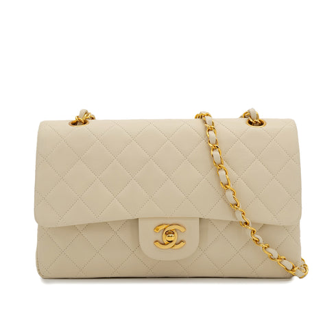 VINTAGE CHANEL CLASSIC FLAP MEDIUM CHAIN SHOULDER BAG LIGHT BEIGE LAMB SKIN GOLD HARDWARE 90310314 - PURPOSE