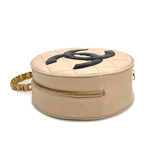 CHANEL VINTAGE ROUND VANITY HAND BAG BEIGE BLACK ENAMEL 90310318 - PURPOSE