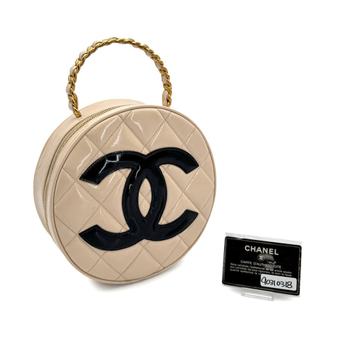 CHANEL VINTAGE ROUND VANITY HAND BAG BEIGE BLACK ENAMEL 90310318 - PURPOSE