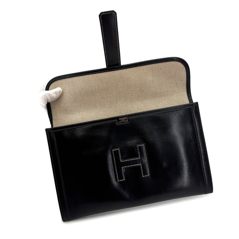 HERMES JIGE PM BLACK BOXCALF CLUTCH BAG 1986 CIRCLE P 90310326 - PURPOSE
