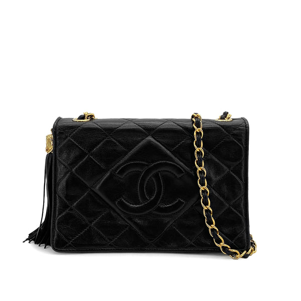 VINTAGE CHANEL MATELASSE FRINGE CHAIN SHOULDER BAG BLACK LAMB SKIN GOLD HARDWARE 90310329