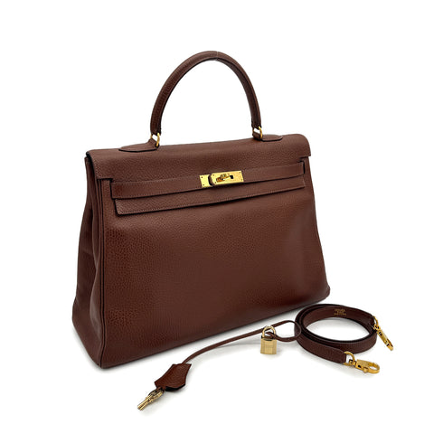 HERMES KELLY 35 RETOURNE MARRON FONCE ARDENNES HAND SHOULDER BAG 1998 SQUARE B GOLD HARDWARE 90310331 - PURPOSE