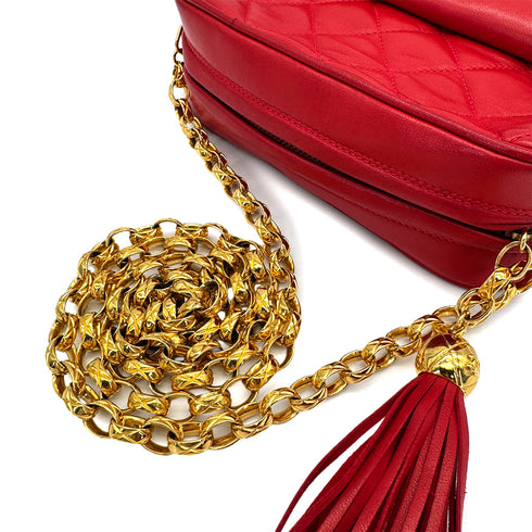 CHANEL VINTAGE COCO BALL MATELASSE BIJOU CHAIN SHOULDER BAG FRINGE RED LAMB SKIN 90310344 - PURPOSE