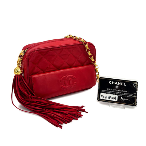CHANEL VINTAGE COCO BALL MATELASSE BIJOU CHAIN SHOULDER BAG FRINGE RED LAMB SKIN 90310344 - PURPOSE
