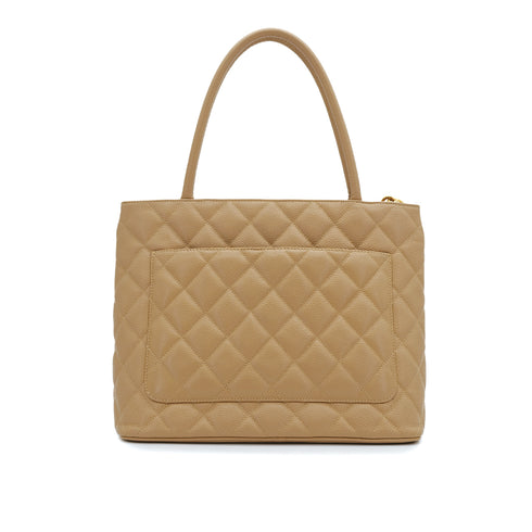 VINTAGE CHANEL MEDALLION TOTE BAG BEIGE CAVIAR SKIN GOLD HARDWARE 90310834