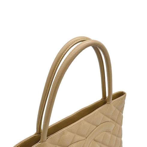 VINTAGE CHANEL MEDALLION TOTE BAG BEIGE CAVIAR SKIN GOLD HARDWARE 90310834