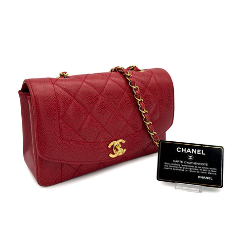 VINTAGE CHANEL DIANA SMALL CHAIN SHOULDER BAG RED CAVIAR SKIN GOLD HARDWARE 90310837