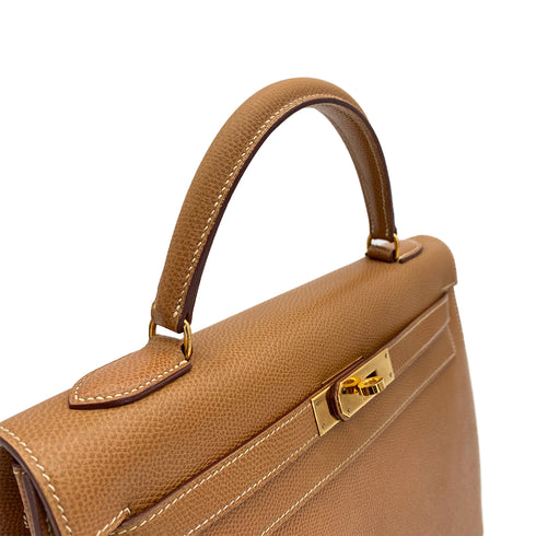 HERMES KELLY 32 SELLIER NATUREL COUCHVEL HAND SHOULDER BAG 1990 CIRCLE T GOLD HARDWARE 90311046 - PURPOSE