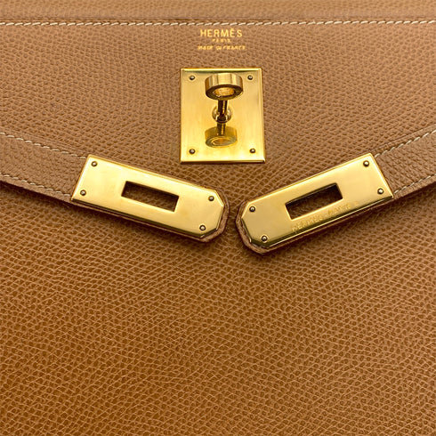 HERMES KELLY 32 SELLIER NATUREL COUCHVEL HAND SHOULDER BAG 1990 CIRCLE T GOLD HARDWARE 90311046 - PURPOSE