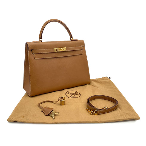 HERMES KELLY 32 SELLIER NATUREL COUCHVEL HAND SHOULDER BAG 1990 CIRCLE T GOLD HARDWARE 90311046 - PURPOSE