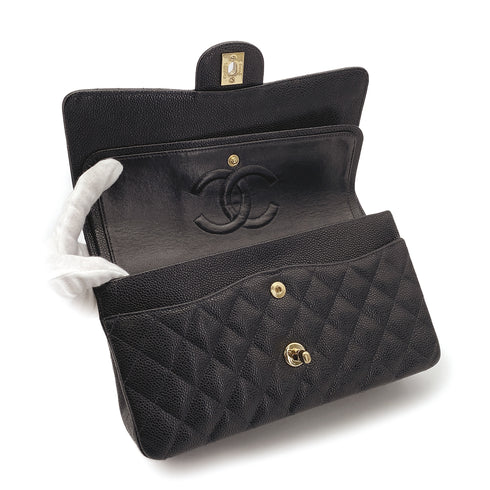 VINTAGE CHANEL CLASSIC FLAP MEDIUM CHAIN SHOULDER BAG BLACK CAVIAR SKIN GOLD HARDWARE 90311054