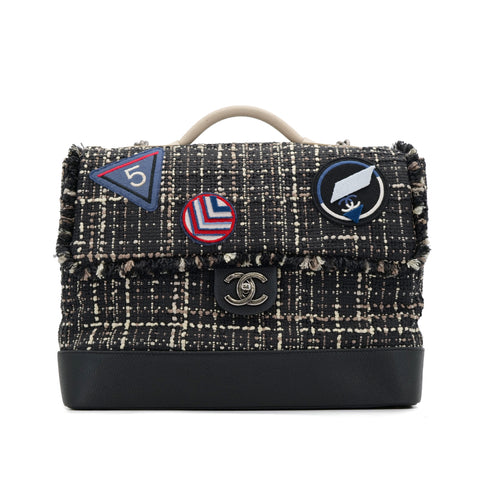 CHANEL AIRLINE HAND CHAIN SHOULDER BAG BLACK TWEED CAVIAR SKIN SILVER HARDWARE 90311263