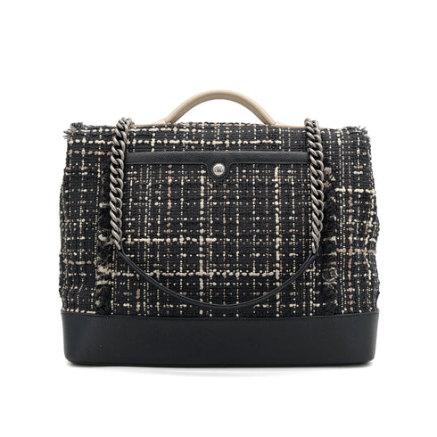 CHANEL AIRLINE HAND CHAIN SHOULDER BAG BLACK TWEED CAVIAR SKIN SILVER HARDWARE 90311263