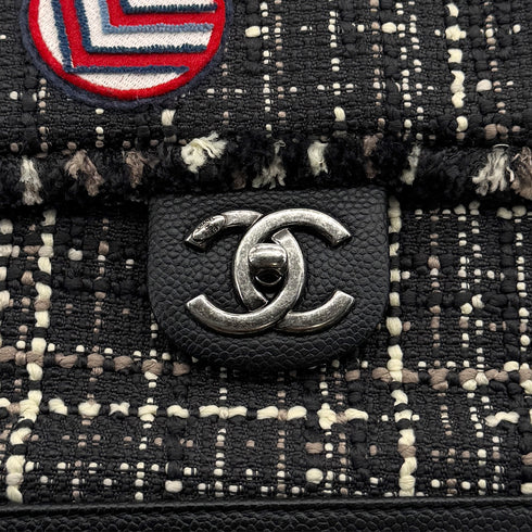 CHANEL AIRLINE HAND CHAIN SHOULDER BAG BLACK TWEED CAVIAR SKIN SILVER HARDWARE 90311263