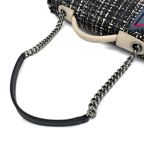 CHANEL AIRLINE HAND CHAIN SHOULDER BAG BLACK TWEED CAVIAR SKIN SILVER HARDWARE 90311263