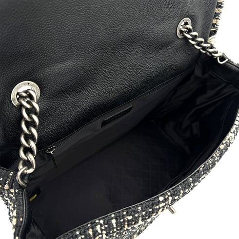 CHANEL AIRLINE HAND CHAIN SHOULDER BAG BLACK TWEED CAVIAR SKIN SILVER HARDWARE 90311263