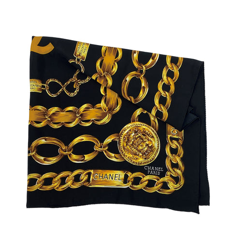 VINTAGE CHANEL SCARF COCOMARK CHAIN MOTIF BLACK GOLD SILK 90311298