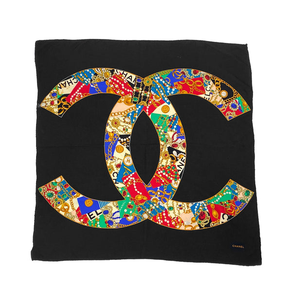 VINTAGE CHANEL SCARF GRIPOA BIJOU PATTERN BLACK SILK 90311299 - PURPOSE