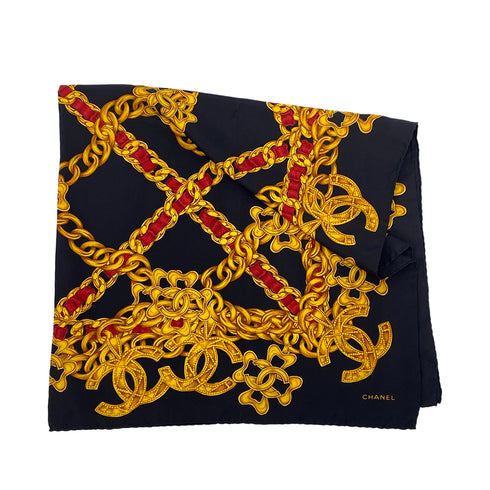 VINTAGE CHANEL SCARF COCOMARK CHAIN MOTIF GOLD BLACK SILK 90311300