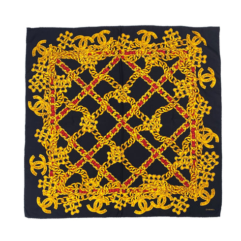 VINTAGE CHANEL SCARF COCOMARK CHAIN MOTIF GOLD BLACK SILK 90311300