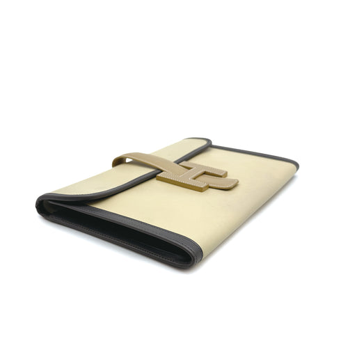 HERMES JIGE PM CLUTCH BAG ECRU GRAPHITE BISCUIT BOX CALF 2000 SQUARE D 90313411