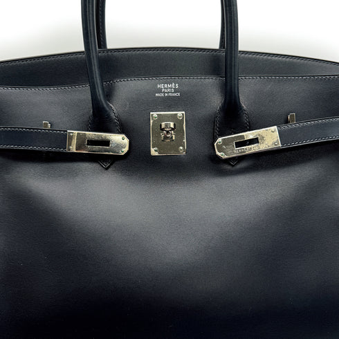 HERMES BIRKIN 35 BLUE NAVY BOX CALF HAND BAG 2003 SQUARE G PALLADIUM HARDWARE 90313537
