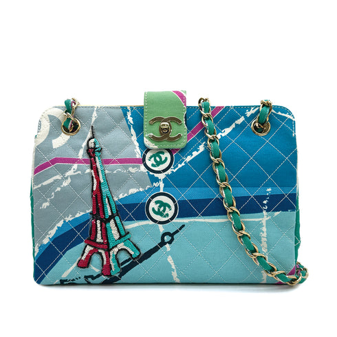 CHANEL VINTAGE MATELASSE CRUISE LINE EIFFEL TOWER CHAIN SHOULDER BAG BLUE CANVAS GOLD HARDWARE 90313665