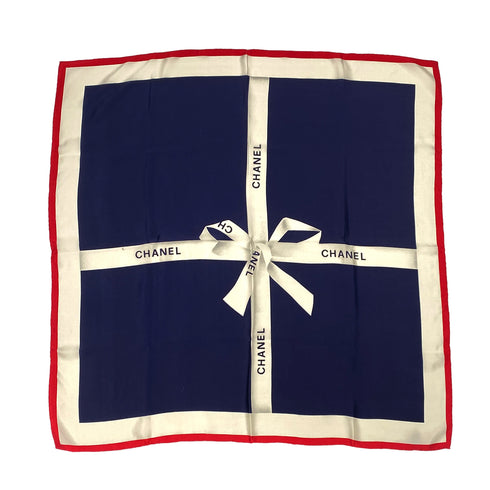 VINTAGE CHANEL LOGO RIBBON SCARF WHITE NAVY RED SILK 90313880