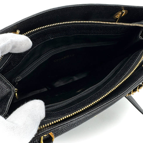 VINTAGE CHANEL TURN LOCK CHAIN TOTE BAG BLACK CAVIAR SKIN GOLD HARDWARE 90314371