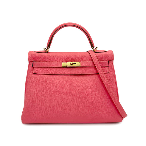 HERMES KELLY 32 RETOURNE ROSE LIPSTICK TOGO HAND SHOULDER BAG 2013 SQUARE Q GOLD HARDWARE 90314380