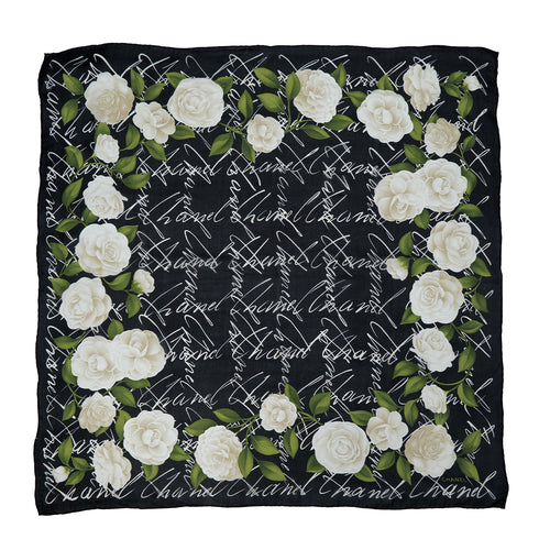 VINTAGE_SCARF_CAMELLIA_BLACK _WHITE_GREEN_SILK_japan