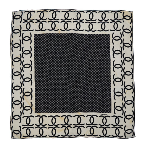 CHANEL VINTAGE SCARF COCOMARK BLACK BEIGE SILK 90314419