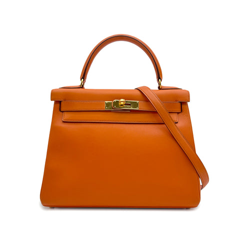 HERMES KELLY 28 RETORNE ORANGE VEAU GULLIVER HAND SHOULDER BAG 1993 CIRCLE W GOLD HARDWARE 90315621