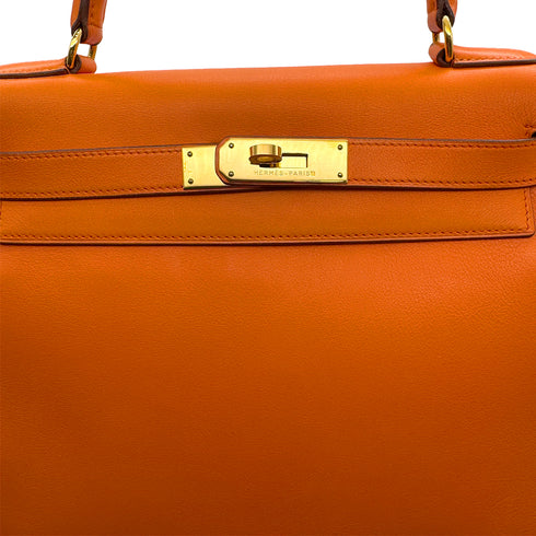 HERMES KELLY 28 RETORNE ORANGE VEAU GULLIVER HAND SHOULDER BAG 1993 CIRCLE W GOLD HARDWARE 90315621